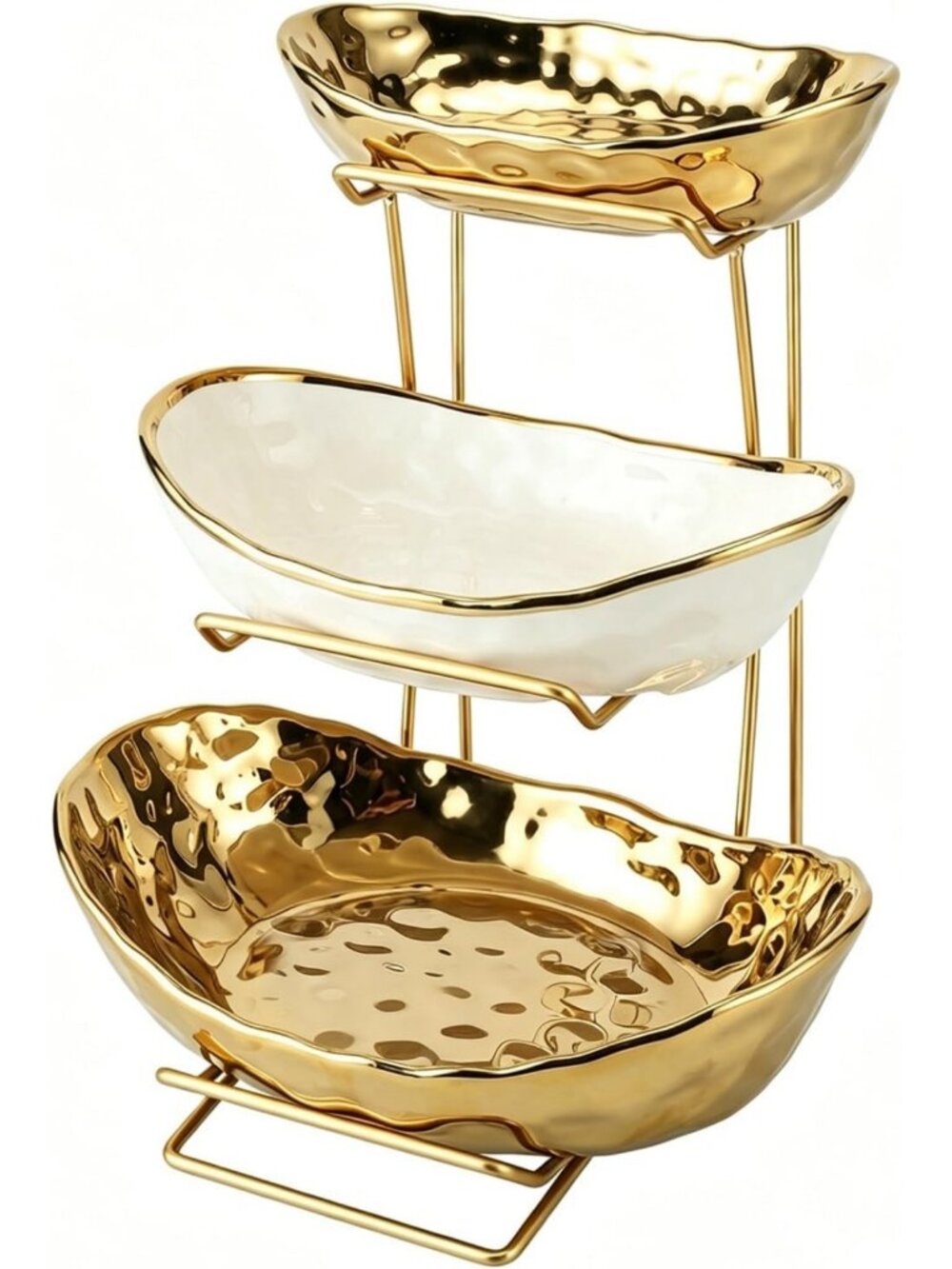 3-Tier Ceramic Fruit Bowl Set with Metal Stand - Stylish Kitchen Counter